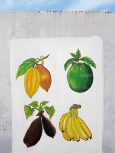 Sao Tomè, murale che raffigura la carambòla, la fruta-pao, la matabala e la banana   (foto Giorgio Pagano) 