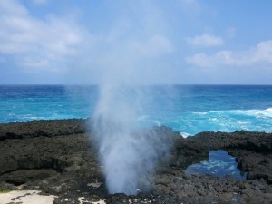 Sao Tomè, Ilheu das rolas, la Furna, le onde si incuneano tra gli scogli, da cui si elevano spruzzi altissimi    (2015)    (foto Giorgio Pagano)