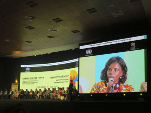 Marrakech, United Nations Public Service Forum, intervento della rappresentante del Governo della Repubblica Democratica di Sao Tomé e Principe (2018)  (foto Giorgio Pagano)