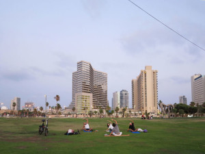 Israele, Tel Aviv: giovani fanno yoga nel prato retrostante la spiaggia (2018)  (foto Giorgio Pagano).